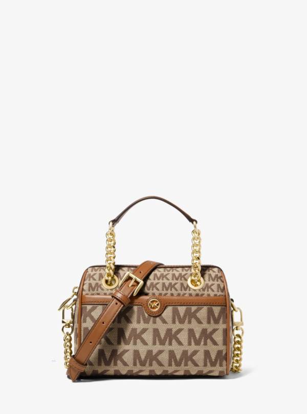 Damske Spojková Taška Michael Kors Blaire Extra-Small Logo Jacquard Duffel Hnede Béžové - Kabelky Michael Kors Akcia | IFWTA-5127